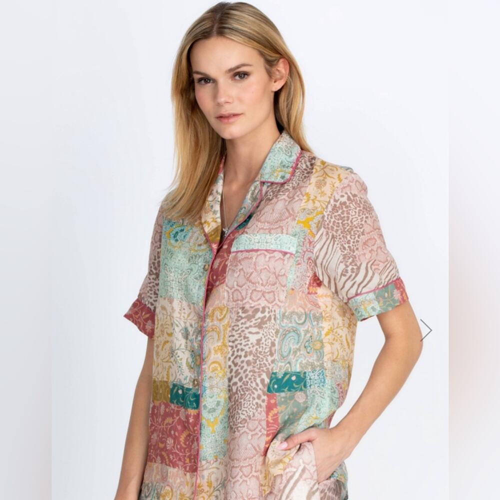 Patchwork Print Short-Sleeve Button Front Top - Multi
